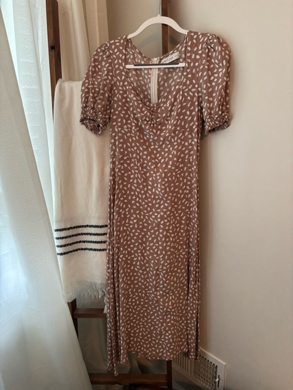 Petal & Pup Taupe Printed Midi Dress with Puff Sleeves